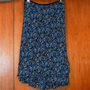 Madison & Max Asymmetrical Ruffle Floral Midi Skirt, Size 12 Turquoise and Black
